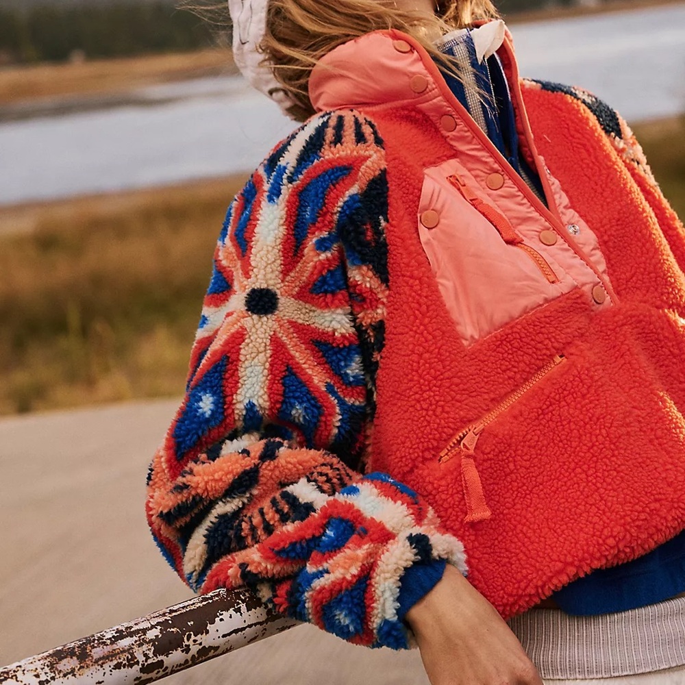 Free People Movement Hit the Slopes Jacket Fleece in Red/Navy Combo Color